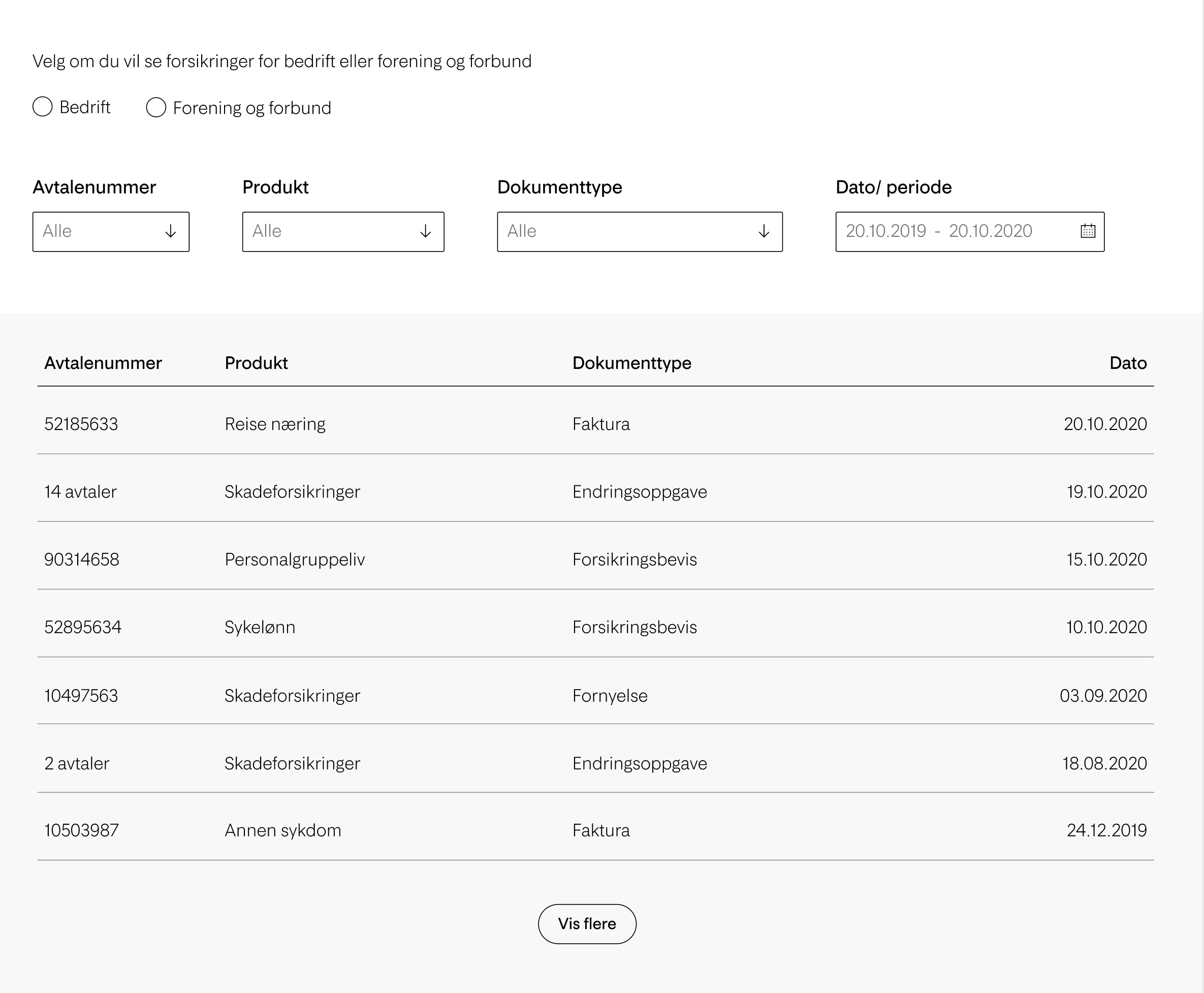 Screen av RadioButton som brukes for å velge hvilken forsikringsoversikt man vil se